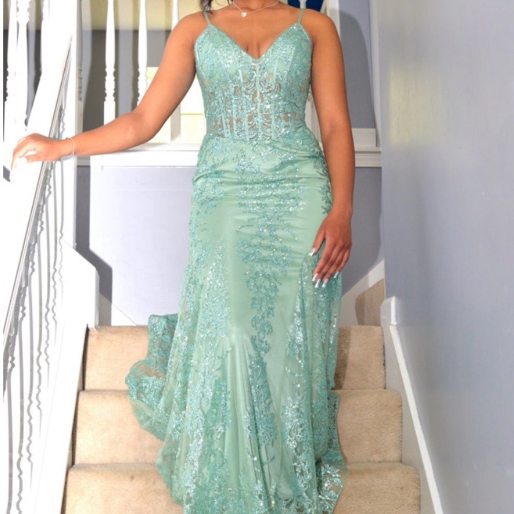 sage green evening gown